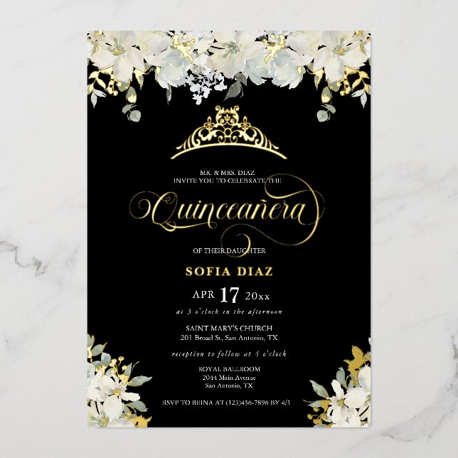 Elegant Black Quinceañera Floral Gold Foil Invitation (Front)