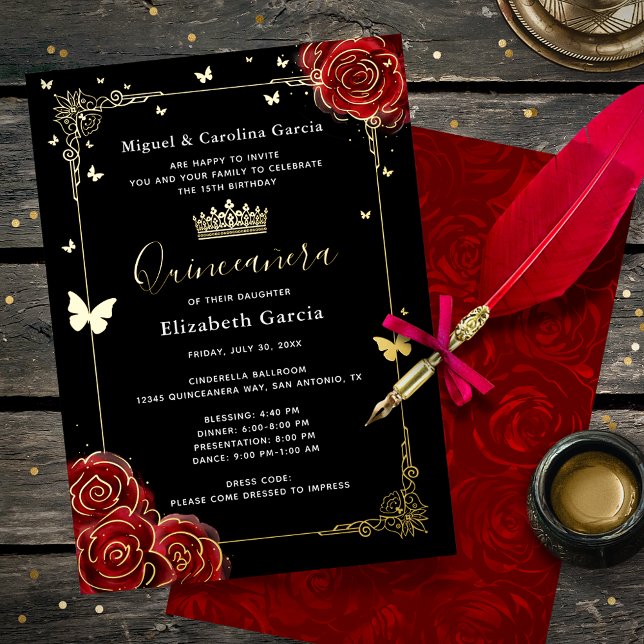 Elegant Black Quinceanera Red Rose Real Gold Foil Invitation (Black, red and real metallic gold foil quinceanera invitations to make your big day sparkle!)