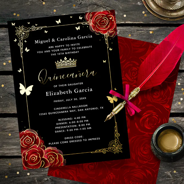 Elegant Black Quinceanera Red Rose Real Gold Foil Invitation | Zazzle Elegant Black Quinceanera Red Rose Real Gold Foil Invitation | Zazzle