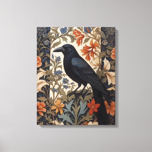 Elegant Black Raven William Morris Inspired Floral Canvas Print