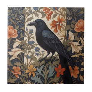 Elegant Black Raven William Morris Inspired Floral Ceramic Tile