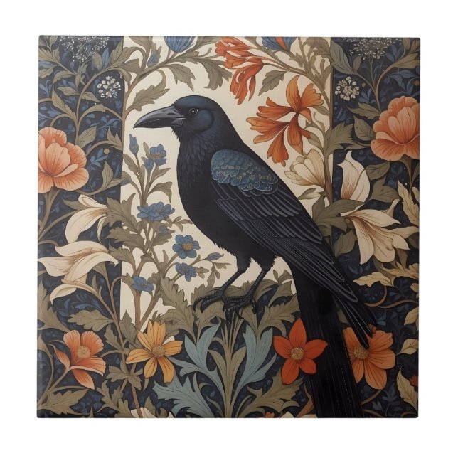 Elegant Black Raven William Morris Inspired Floral Ceramic Tile (Front)