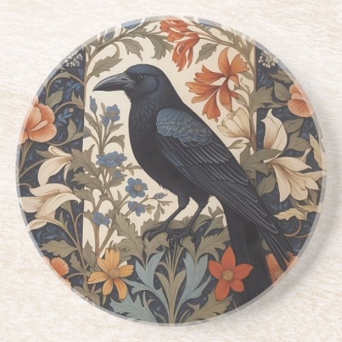Elegant Black Raven William Morris Inspired Floral Coaster