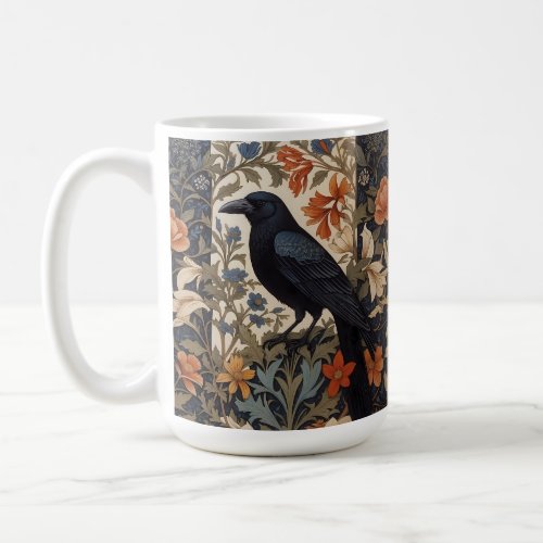 Elegant Black Raven William Morris Inspired Floral Coffee Mug