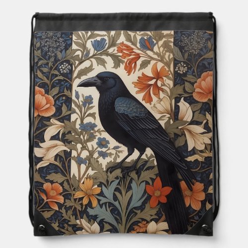 Elegant Black Raven William Morris Inspired Floral Drawstring Bag