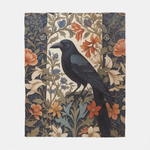 Elegant Black Raven William Morris Inspired Floral Fleece Blanket