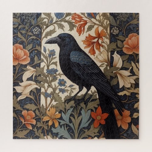 Elegant Black Raven William Morris Inspired Floral Jigsaw Puzzle