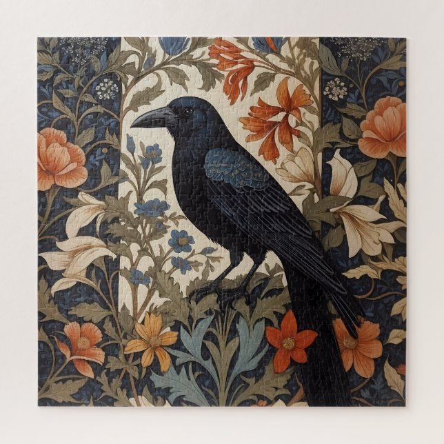 Elegant Black Raven William Morris Inspired Floral Jigsaw Puzzle (Vertical)