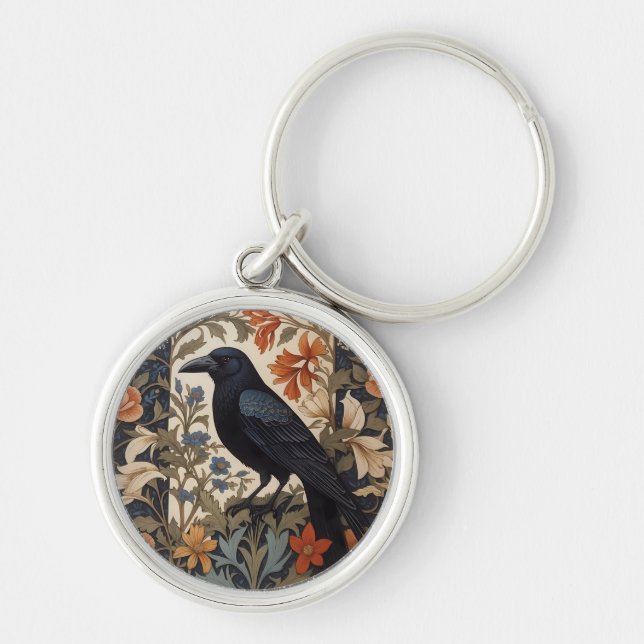Elegant Black Raven William Morris Inspired Floral Keychain (Front)