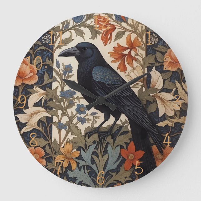 Elegant Black Raven William Morris Inspired Floral Large Clock (Front)