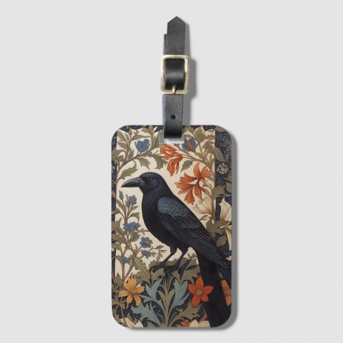 Elegant Black Raven William Morris Inspired Floral Luggage Tag