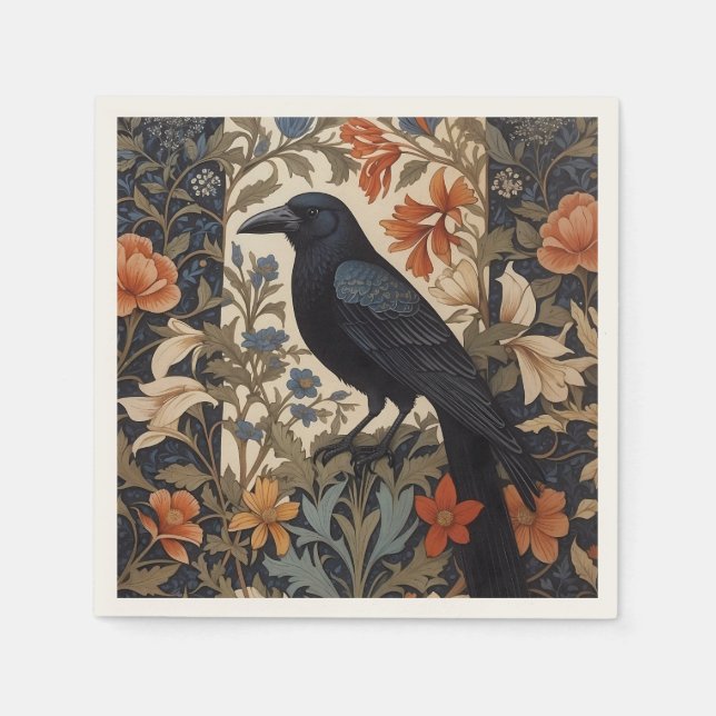 Elegant Black Raven William Morris Inspired Floral Napkins (Front)