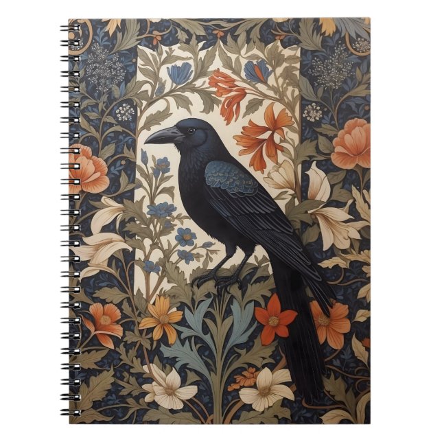 Elegant Black Raven William Morris Inspired Floral Notebook (Front)