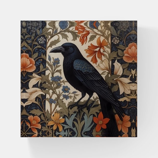 Elegant Black Raven William Morris Inspired Floral Paperweight (Front)