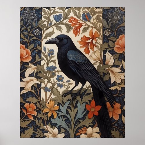 Elegant Black Raven William Morris Inspired Floral Poster