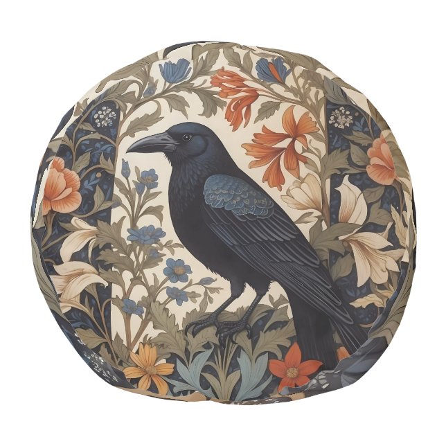 Elegant Black Raven William Morris Inspired Floral Pouf (Bottom)