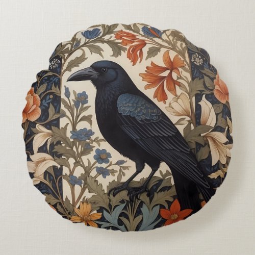 Elegant Black Raven William Morris Inspired Floral Round Pillow