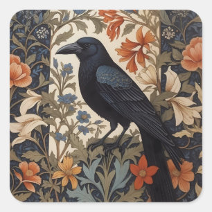 Elegant Black Raven William Morris Inspired Floral Square Sticker