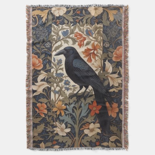 Elegant Black Raven William Morris Inspired Floral Throw Blanket