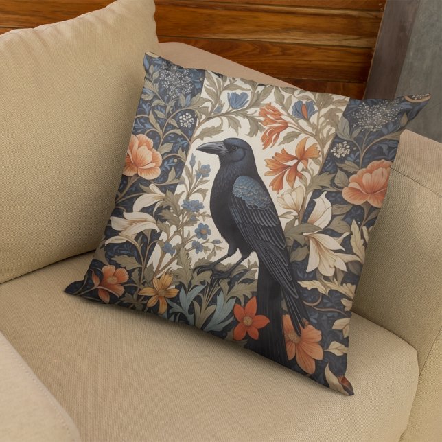 Elegant Black Raven William Morris Inspired Floral Throw Pillow (Creator Uploaded)