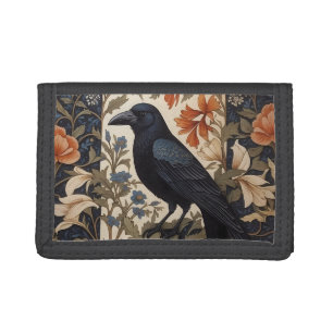 Elegant Black Raven William Morris Inspired Floral Tri-fold Wallet