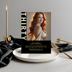 Elegant Black & Real Gold Foil 30th Birthday Photo Invitation