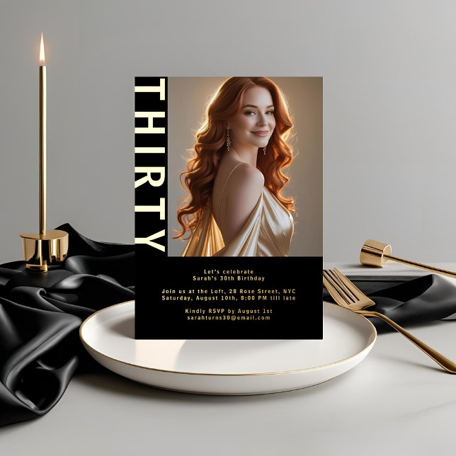 Elegant Black & Real Gold Foil 30th Birthday Photo Invitation (Creator Uploaded)