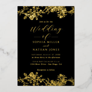 Elegant Black Real Gold Foil Floral Lace Wedding  Invitation