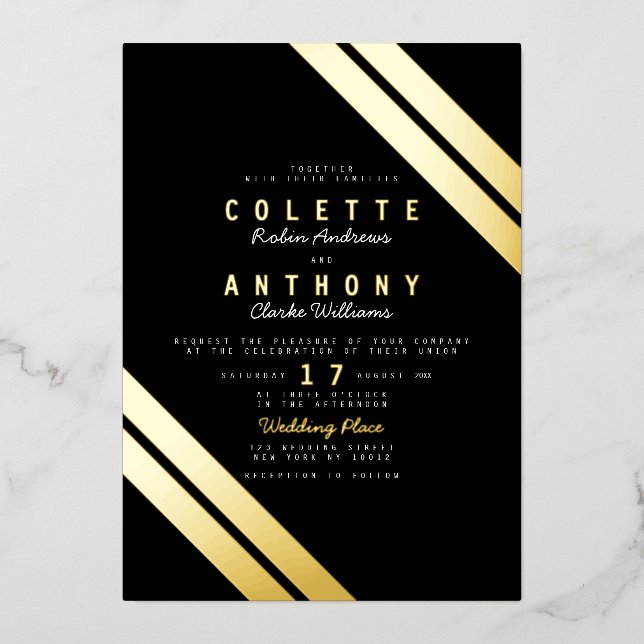 Elegant black real gold modern stripes wedding foil invitation (Front)