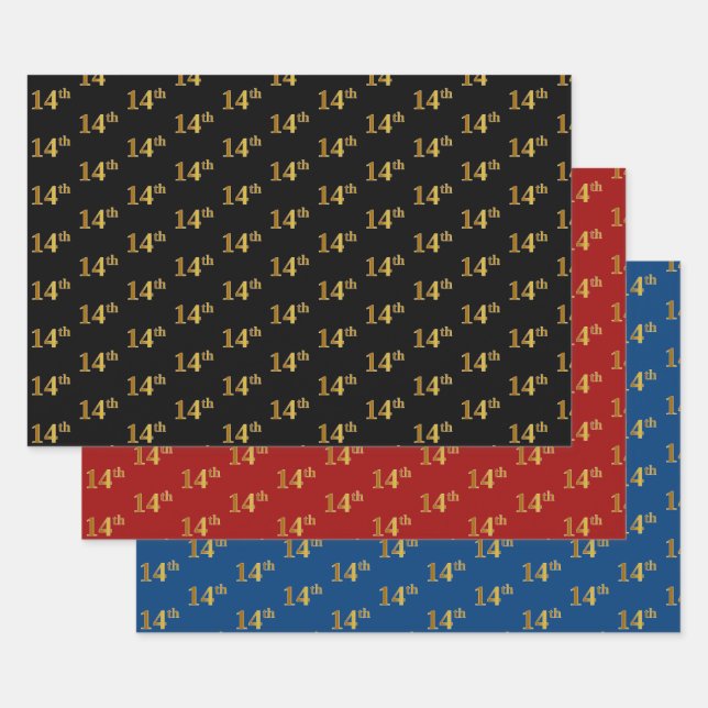 Elegant Black, Red, Blue, Faux Gold 14th Event # Wrapping Paper Sheets (Set)