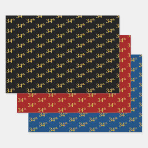 Elegant Black, Red, Blue, Faux Gold 34th Event # Wrapping Paper Sheets