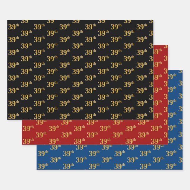 Elegant Black, Red, Blue, Faux Gold 39th Event # Wrapping Paper Sheets (Set)