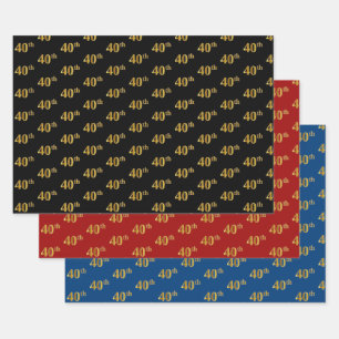 Elegant Black, Red, Blue, Faux Gold 40th Event # Wrapping Paper Sheets