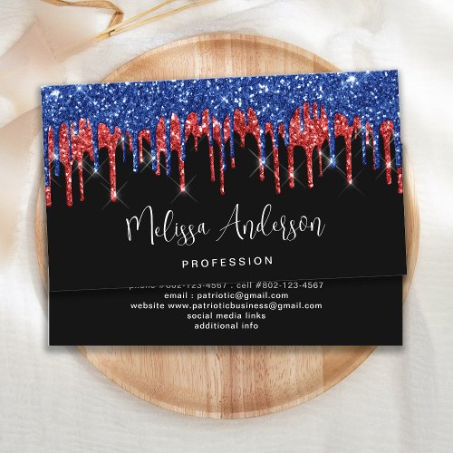 Elegant Black Red Blue Glitter Drips Patriotic Business Card