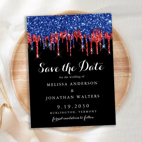 Elegant Black Red Blue Glitter Drips Save The Date Announcement Postcard