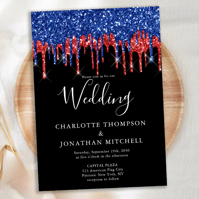 Elegant Black Red Blue Glitter Drips Wedding Invitation Zazzle