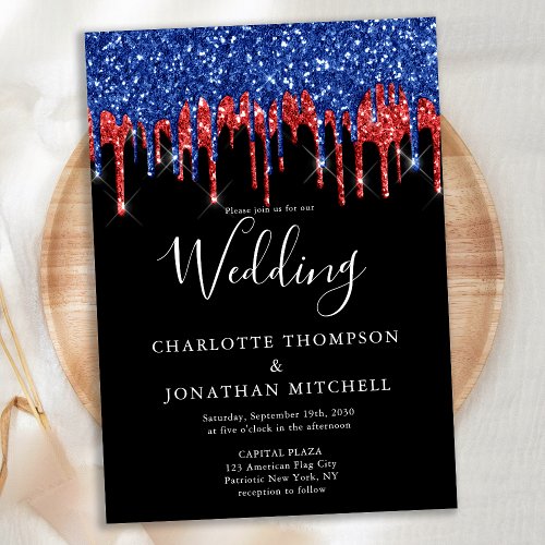 Elegant Black Red Blue Glitter Drips Wedding Invitation