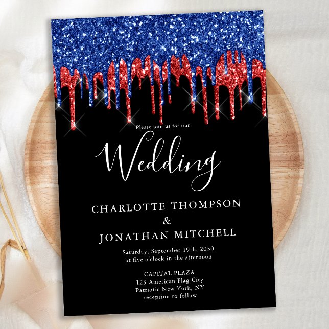 Elegant Black Red Blue Glitter Drips Wedding Invitation (Creator Uploaded)