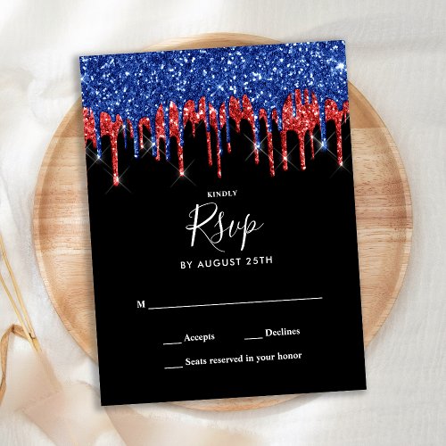 Elegant Black Red Blue Glitter Drips Wedding Postcard