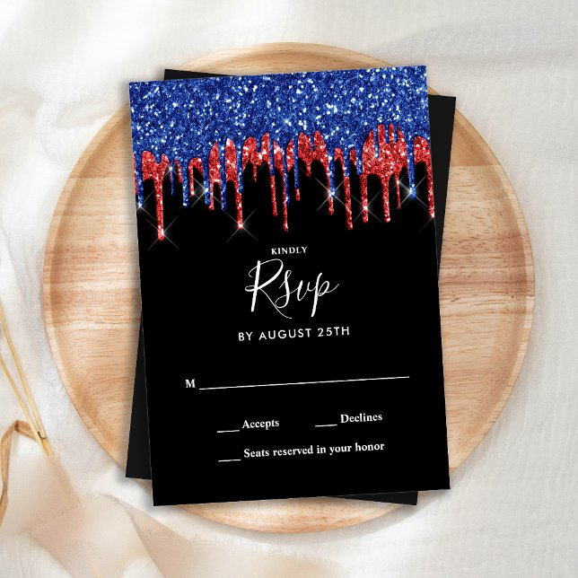 Elegant Black Red Blue Glitter Drips Wedding RSVP Note Card (Creator Uploaded)