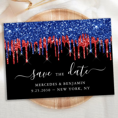 Elegant Black Red Blue Glitter Drips Wedding Save The Date