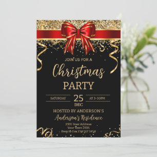 Elegant Black Red Bow Christmas Holiday Party Invitation