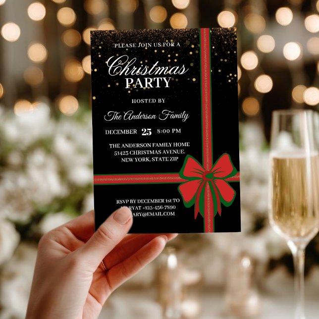 Elegant Black Red Bow Christmas Holiday Party Invitation (Creator Uploaded)
