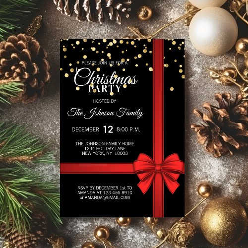 Elegant Black Red Bow Christmas Holiday Party Invitation