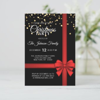 Elegant Black Red Bow Christmas Holiday Party Invitation | Zazzle