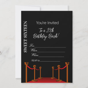 Elegant Black Red Carpet Hollywood 16th Birthday Invitation
