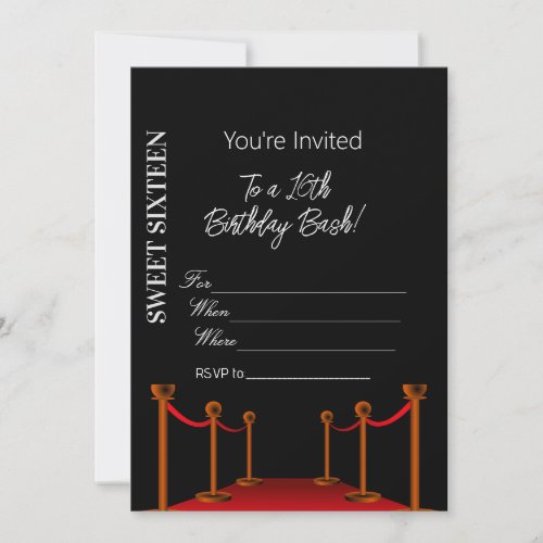 Elegant Black Red Carpet Hollywood 16th Birthday Invitation