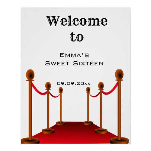 Elegant Black Red Carpet Sweet 16 Birthday Welcome Poster