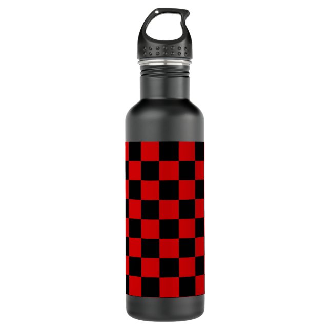 Elegant Black & Red Checkered Stainless Steel Water Bottle (Front)