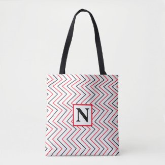 Elegant Black Red Chevron Vertical Stripe Monogram